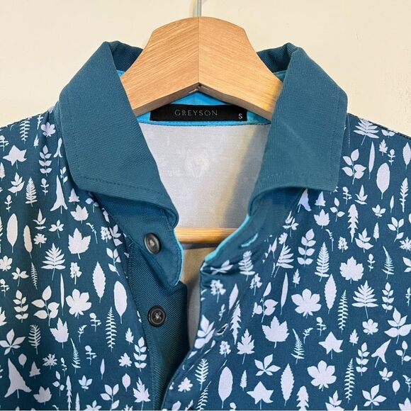 Greyson Magical Ferns Polo Shirt Mens Small Orca Blue Wolf Logo Golf Stretch - Picture 4 of 8